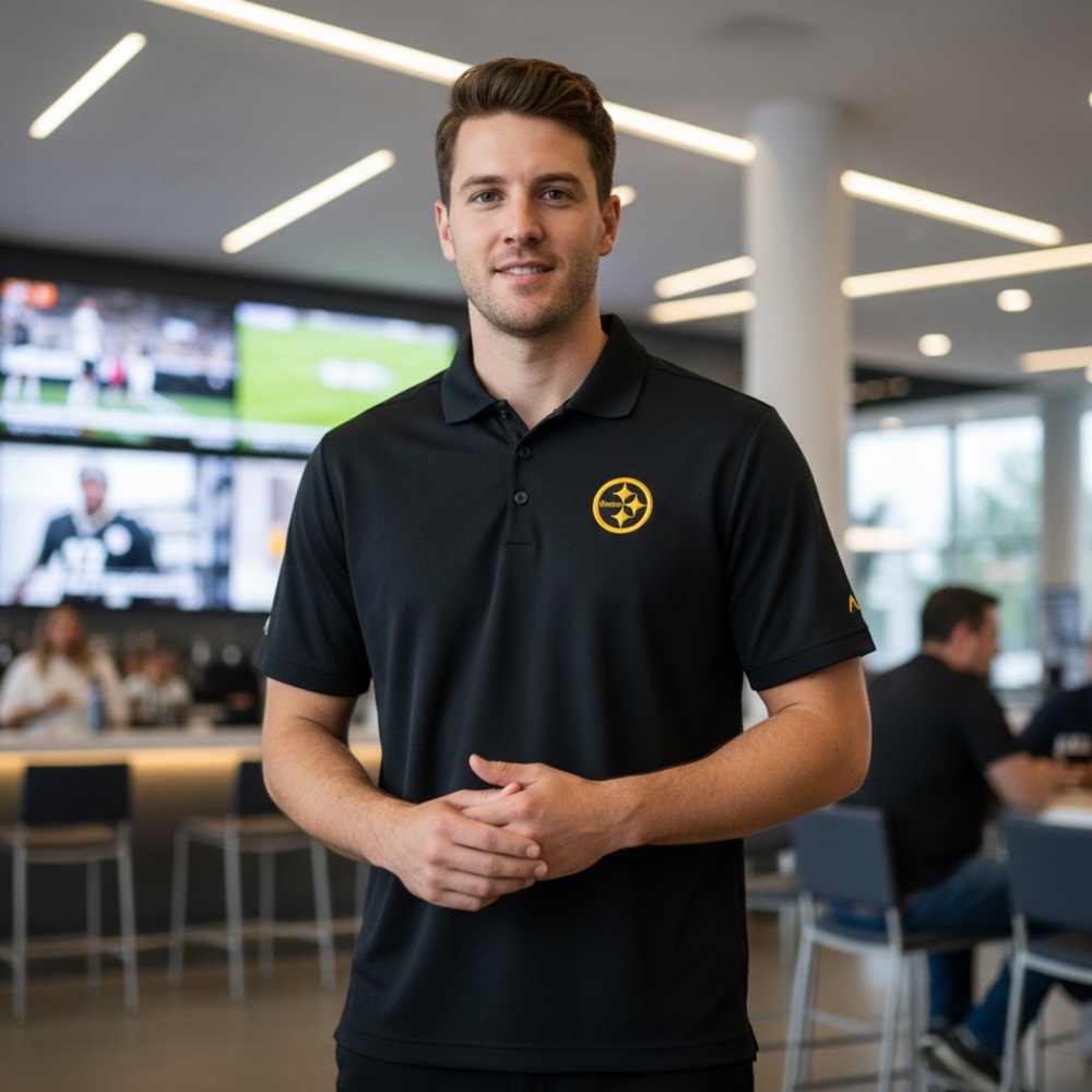 Antigua Steelers Black Polo Shirt with Yellow Embroidered Logo